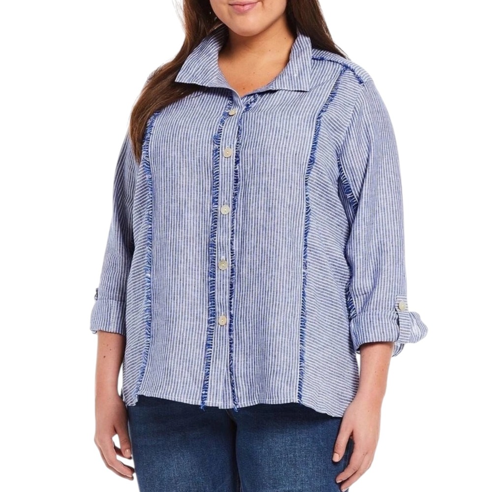 John Mark Blue White Striped Linen Frayed Trim Button Down Shirt Womens XL